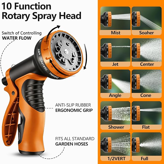 Flexible Garden Hose 75 FT, Ultra Lightweight Water Hoses w/10 Function Sprayer and 3/4" Brass Fittings, Kink-Free, Sturdy, Abrasion Resistant for Yard, Lawn, Outdoor and Gardening(Black Orange)