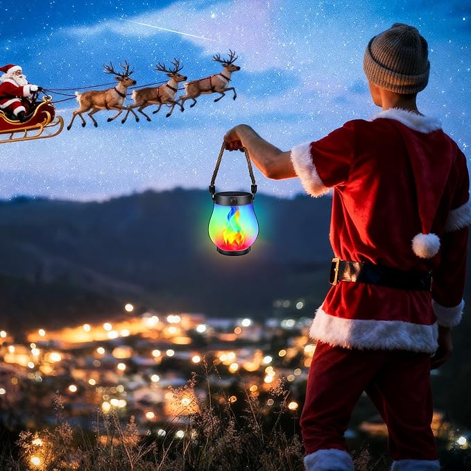 Jyoiat Christmas Solar Flame Lantern Hanging Outdoor Waterproof - Dancing Flame Lanterns with Dual Charging Modes of Solar & USB for Garden or Yard Decorations (Multicolor - 1 Pack)