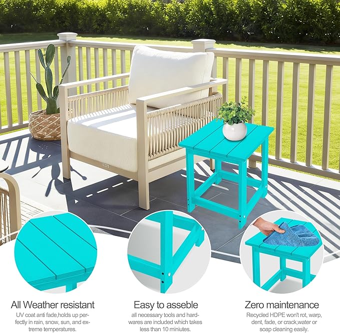 LZRS Square Patio Side Table, Heavy Duty HDPE Outdoor End Table with Wood Texture, Weatherproof Composite Table for Adirondack Chairs, Deck, Pool, Indoor/Outdoor, No Peeling or Cracking(Turquoise)