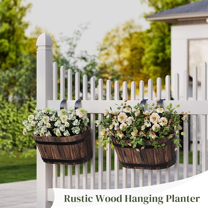 Railing Planters for Outdoor Plants Balcony Hanging Flower Pots with Detachable Hooks, Window Flower Box Hanging Bucket Pots Fence Planters for Garden Home Decor (Carbonized-2pack, Small)