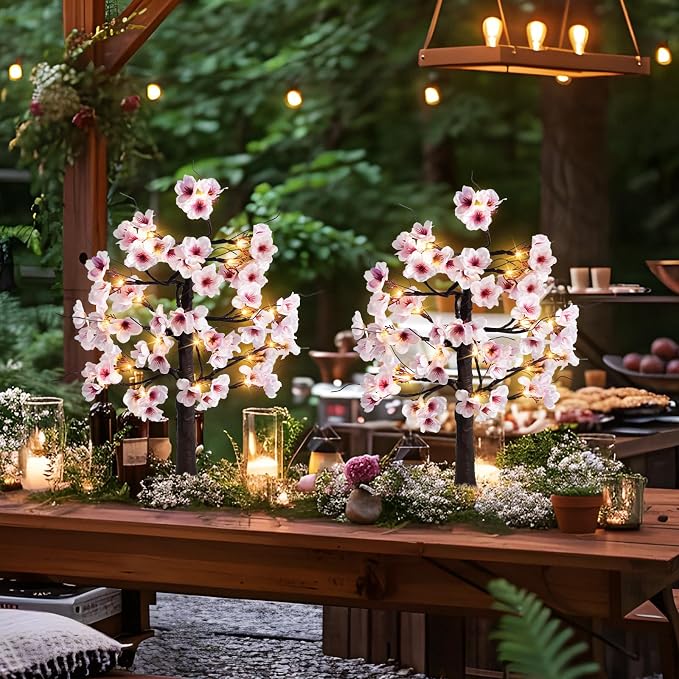 Uieke 2PACK 24IN Lighted Cherry Blossom Tree 48 Warm White LED Tabletop Artifical Bonsai Tree with Timer Battery/USB Operated for Wedding Party Spring Home Indoor Japanese Room Decor
