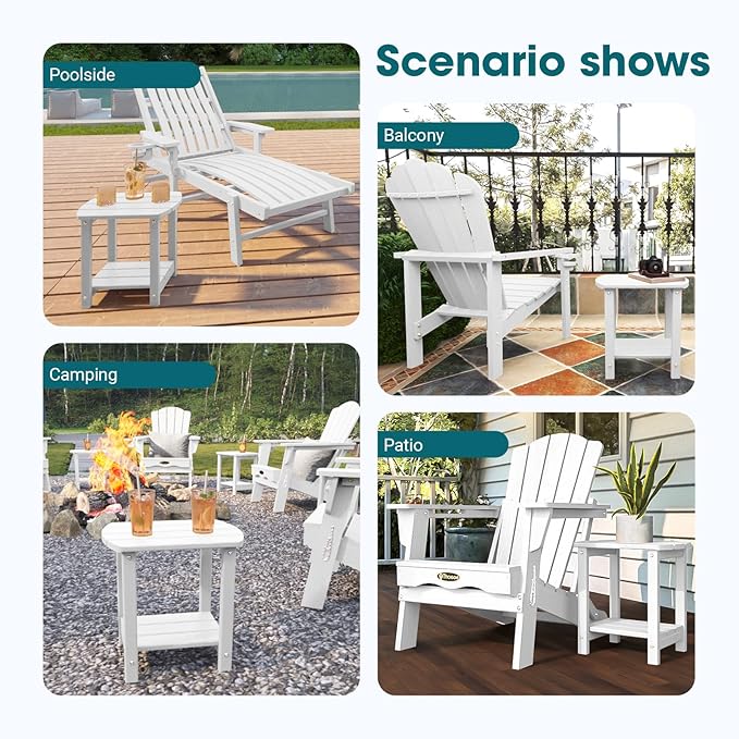 THOEOE Adirondack Outdoor Side Table, 2-Tier Sturdy Patio End Table Weather Resistant, Morden Side Table for Patio, Pool, Porch, White