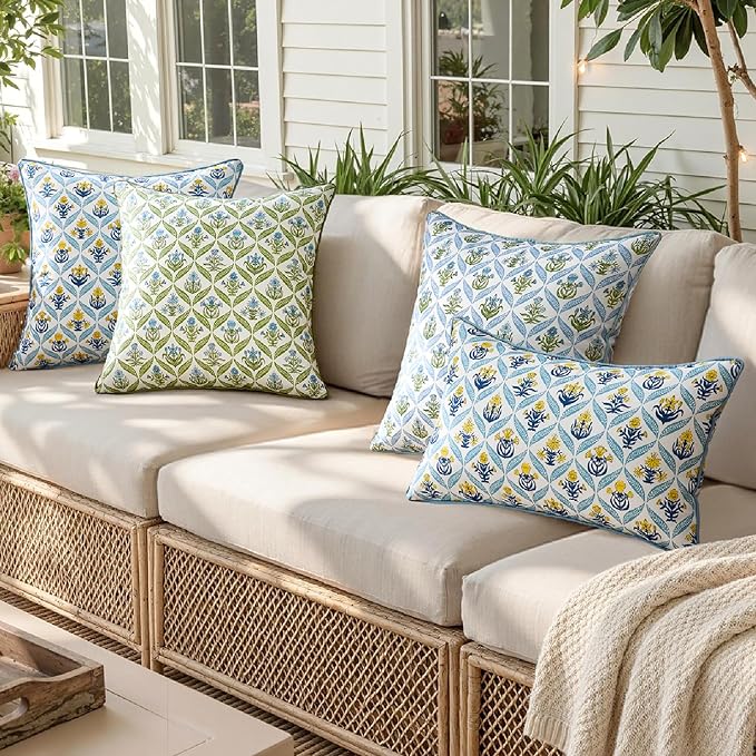 ANRODUO Floral Outdoor Pillow Covers 16x16 Waterproof Set of 2 Block Print Accent Decorative Cushion Cases with Refined Edge Piping for Spring Patio Porch Garden Couch Sofa Bench Decor Yellow