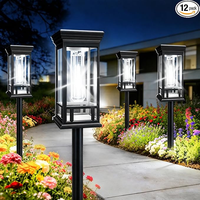 12 Pack Solar Pathway Lights Outdoor, Taller Bright Solar Path Lights Waterproof, Auto On/Off Solar Powered Garden Lights for Outside Landscape Path Walkway Yard Lawn Driveway Patio Lighting Decor