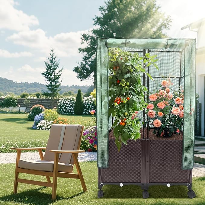MAYOLIAH 3-in-1 Raised Garden Bed Large Planter Box with Trellis & Cover on Wheels Plastic Tomato Planter with Greenhouse for Deep Rooted & Climbing Plants 31.5x15.7x53-inch Brown