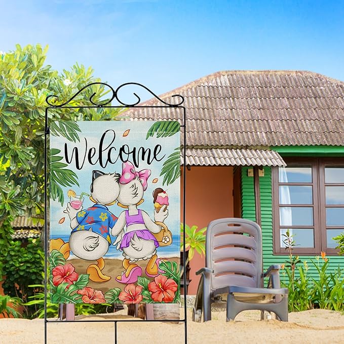 Selmad Welcome Summer Cartoon Duck Decorative House Flag, Beach Coastal Hibiscus Flower Tropical Home Yard Garden Outdoor Decor, Hawaii Nautical Seasonal Large Outside Decoration Double Sided 28 x 40