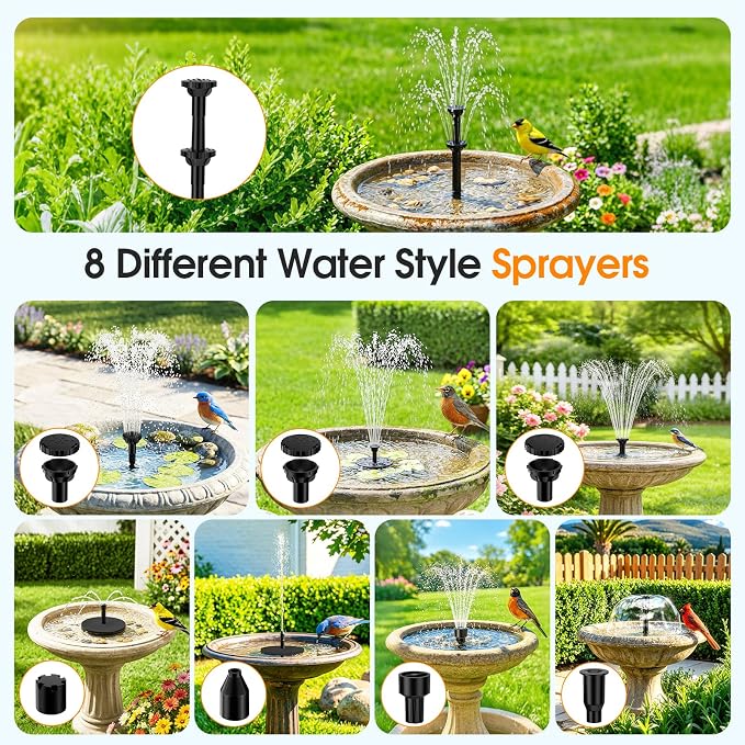 Antfraer Solar Fountain Pump 7W, Solar Water fountain for Bird Bath with Dry-Run Protection, Double-Layer Nozzles & 5Ft PVC Tubing for Bird Bath Small Pond Waterfall DIY Features