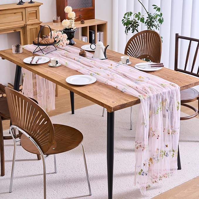 vctops 2 Packs Embroidery Lace Spring Table Runner 10ft Floral Garden Seasonal Tulle Table Runner Holiday Kitchen Dining Table Decoration for Wedding Party Baby Shower Birthday (Pink,30"x120")