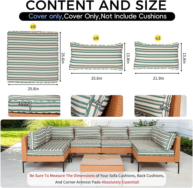 14 Piece Outdoor Patio Cushion Covers Replacement Waterproof with Zipper for 6-Seater Sectional Couch Chair Patio Furniture Conversation Sofa Seat Cushions Slipcovers Set, Only Cover