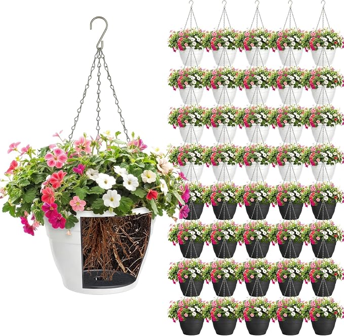 40 Pcs 10 Inch Plastic Self Watering Hanging Planters Bulk Hanging Baskets for Plants Indoor Outdoor with Drainage Holes and Chain Plant Pot for Garden, Balcony, Porch, Patio Decor