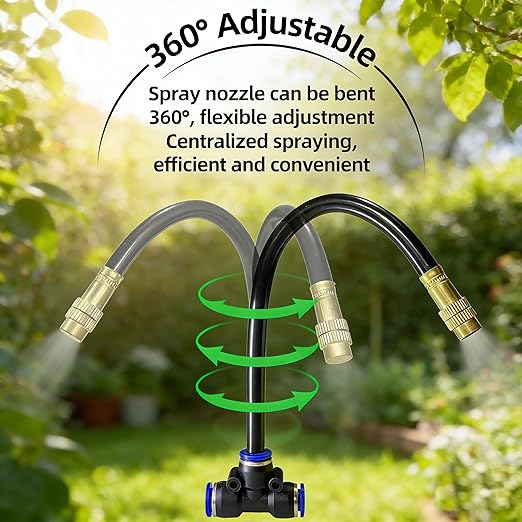 10 Pack 360° Adjustable Drip Irrigation Nozzles with Tee Connectors, Quick Connect Spray Emitters Compatible with 5/16" (8mm) Irrigation Systems for Garden, Lawn, Greenhouse & Raised
