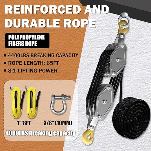 YATOINTO Upgraded Rope Hoist Pulley System, 4400LBS Block and Tackle with 304 Stainless Steel Shackle 2PCS Lift Sling, 8:1 Power 65ft Heavy Duty Pulley Block for Lifting Garage Warehouses Building