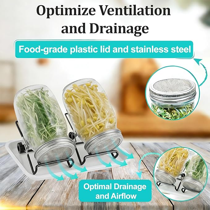 Seed Sprouting Kit, 4 Large 1000ML Wide Mouth Mason Jars with Sprout Lids, Drain Tray, Stainless Steel Stand, Cleaning Brush Sprouts Growing Kit for Sprouts, Bean, Broccoli