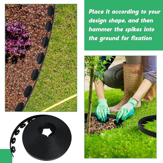 Queekay 148FT 2 Inch Tall Landscape Edging Kit with 70 Spikes 20 Connectors Plastic Garden Landscape Edge Border Flexible Landscaping Edging for Lawn Garden Yard Flower Bed(Black,2 Inch)