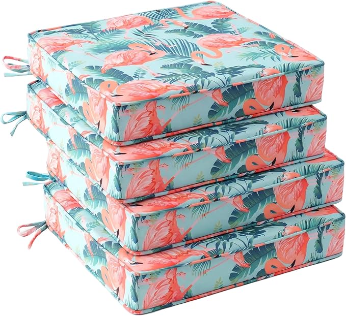 UNIKOME Outdoor Chair Cushions Set of 4, Water Resistant Patio Seat Cushions with Ties for Outdoor Furniture, High-Density Foam, UV & Fade Resistant, Piped Edge – 24" x 24" x 4", Flamingos
