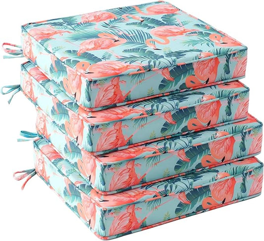 UNIKOME Outdoor Chair Cushions Set of 4, Water Resistant Patio Seat Cushions with Ties for Outdoor Furniture, High-Density Foam, UV & Fade Resistant, Piped Edge – 19" x 19" x 3", Flamingos