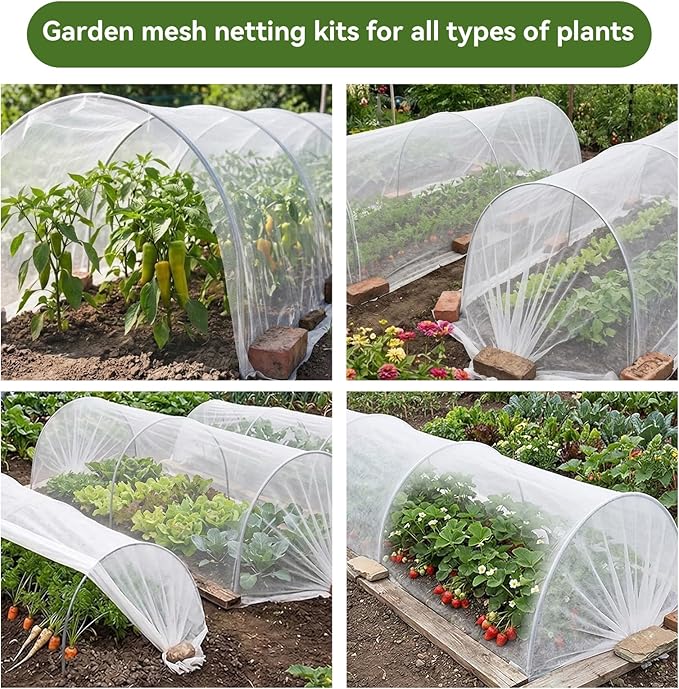 Garden Netting Kit for Raised Beds, 10x50FT Ultra Fine Mesh Netting＆ 6 Sets of 8FT Fiberglass Garden Hoops, Row Cover Insect Netting for Vegetable Plant Fruit Flowers Protection