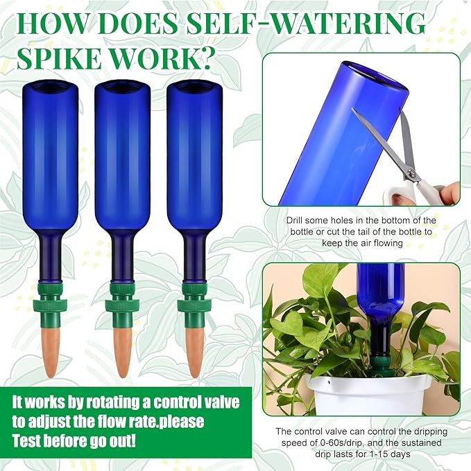 SiliFine 8 Set Plant Watering Devices Include Self Watering Spikes and 26 oz Plastic Bottles Plant Waterer Devices with Adjustable Control Valve Switch Indoor Outdoor (Blue)