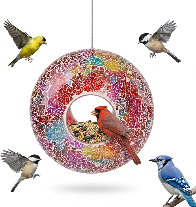 DUSVALLY 9 inch Fly Through Bird Feeder for Wild Birds, Colored Glass Mosaic Outdoor Hanging Feeder - Squirrel Proof Design, Easy to Clean, Weather Resistant Garden Decor for Hummingbirds Finches