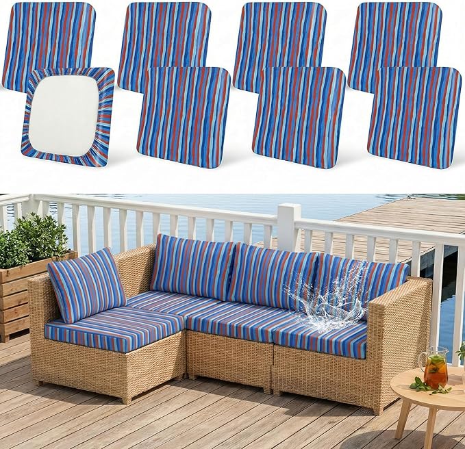 8 Pack Outdoor Cushion Covers Water Resistant High Stretch Fit Patio Cushion Covers 180g Couch Seat Slipcovers Machine Washable Pet & Kids Friendly Home Refresh 20-27 Inch, Teal Stripe