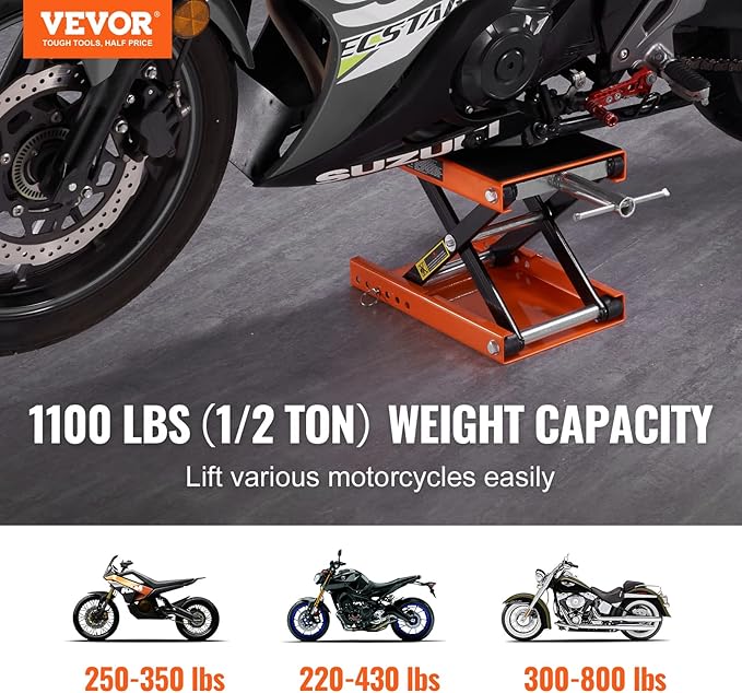 VEVOR Motorcycle Lift, 1100 LBS Motorcycle Scissor Lift Jack with Wide Deck & Safety Pin, 3.7"-13.8" Center Hoist Crank Stand, Steel Scissor Jack for Street Bikes, Cruiser Bikes, Touring Motorcycles
