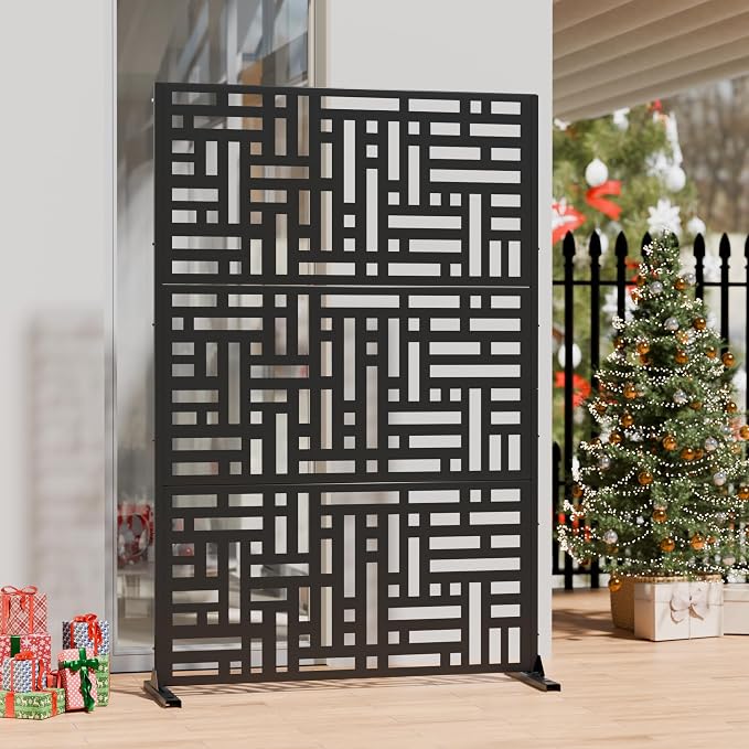 Casaphoria 72" H x 47" W Metal Outdoor Privacy Screen, Freestanding Decorative Divider for Patio, Deck, Balcony, and Garden with Stable Base, Black Helen