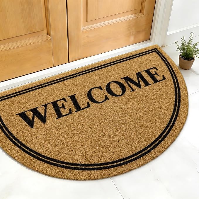 OLANLY Half Circle Front Door Mat, Low Profile Doormat, Stain and Fade Resistant, Easy to Clean, for Indoor and Outdoor Entrances, Patio Porch or Entryway, Brown (35x23 Inch, Welcome)