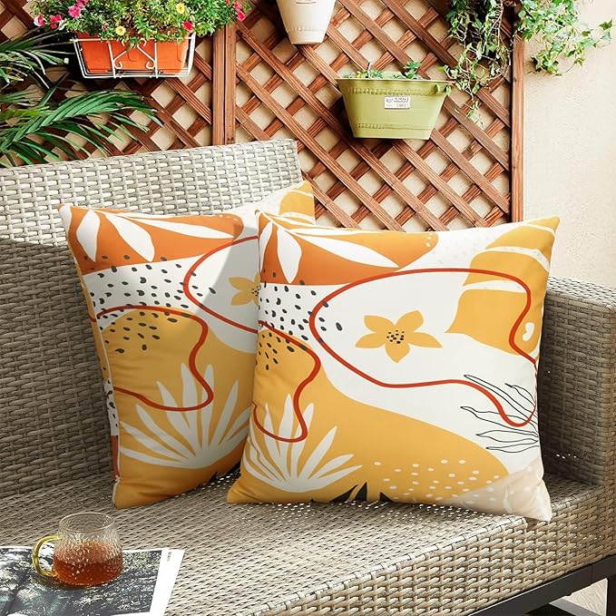 Merrycolor Pack of 2 Outdoor Pillow Covers 18x18 Waterproof Pillow Covers Geometric Leaf Decorative Square Pillowcases Patio Pillows Outdoor Pillows for Patio Furniture Garden Orange