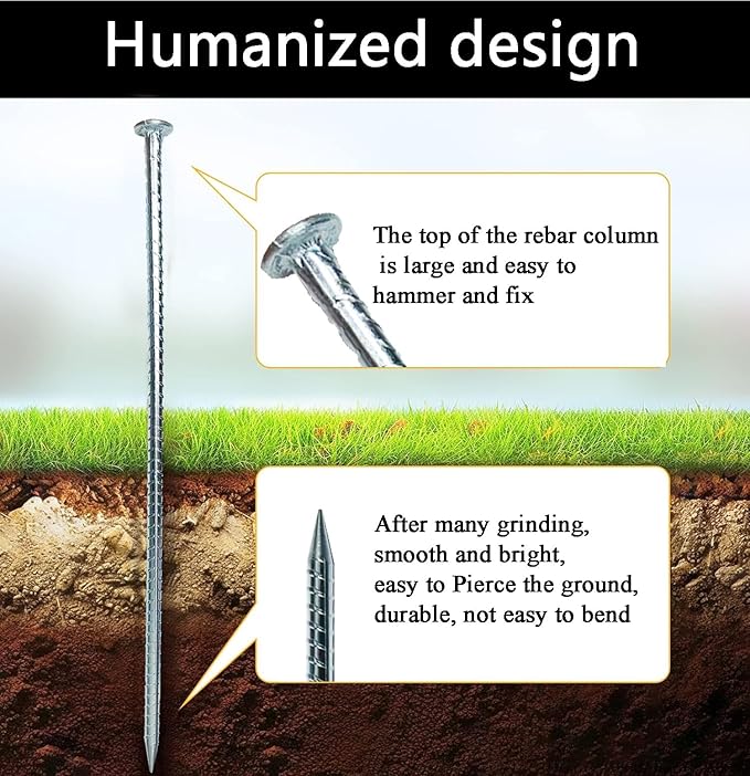 16 Inch Rebar Stakes 14 Pack - 0.5 Inch Diameter Threaded Galvanized Steel Ground Anchors - Heavy Duty Plant Support Garden Stake for Speed Bump, Wheel Stop, Tent Stakes