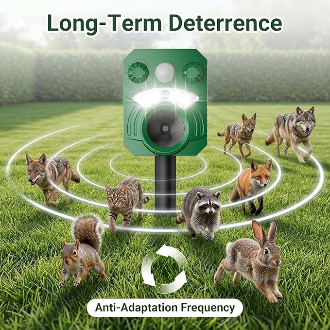 Cat Repellent Outdoor Deer Repellent Device Dog Repeller Solar Animal Repellent Ultrasonic Squirrel Repeller Waterproof with Flashing Light Motion Activated Sensor 2 Pack
