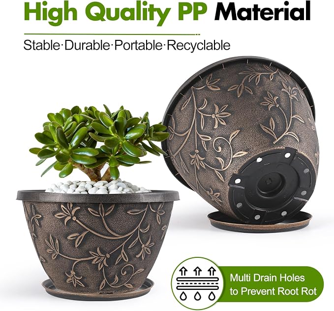 Nooulap 8 Inch Plant Pot with Drainage Hole, 4 Pack Plastic Flower Pot for Indoor Outdoor Plants, Decorative Small Planter for Desk, Balcony & Garden (Retro Brown)