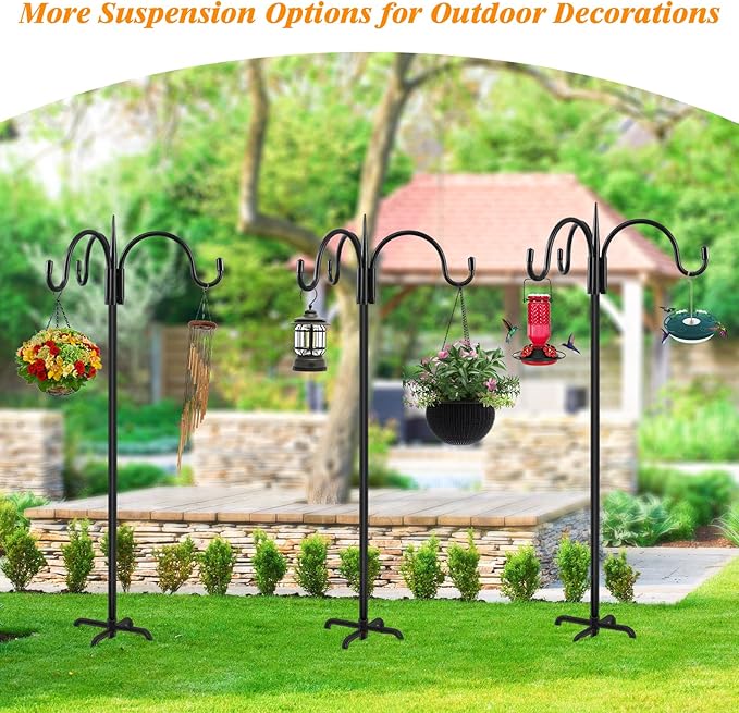 FEED GARDEN Heavy Duty Shepherds Hook 92" Triple Hooks - Metal 5-Prong Base, Adjustable (44/60/76/92") - 15lb Capacity Bird Feeder Pole for Hanging Plants, Solar Lanterns, Wind Chimes, 1 Pack