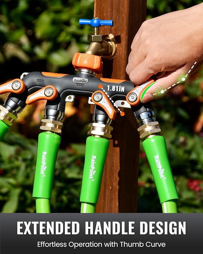 RAINPOINT 4 Way Garden Hose Splitter, 100% Metal Heavy Duty Water Hose Splitter with Individual Shut-Off Valves, 3/4" GHT High Flow Outdoor Faucet Splitter, 1.81" Extra Long Handle (Orange)