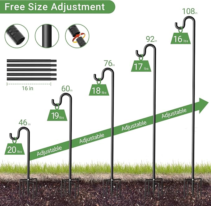108" Shepherds Hooks for Outdoor, Extra Thick Bird Feeder Pole with 5 Prong Base, Adjustable Shepards Hook for Garden, Weddings, Hanging Plant