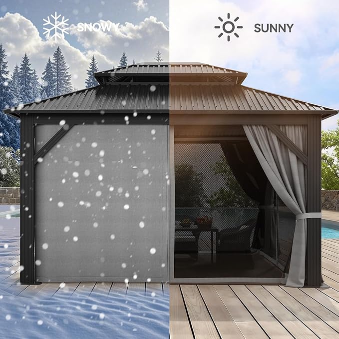 YITAHOME 12x14ft Hardtop Gazebo with Nettings and Curtains, Heavy Duty Double Roof Galvanized Steel Outdoor Combined of Vertical Stripes Roof for Patio, Backyard, Deck, Lawns, Gray
