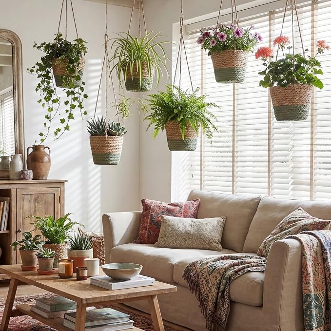 6 Pcs Seagrass Hanging Planter Basket Hand Woven Plant Basket with Plastic Liners Hanging Plant Holder Storage Containers with Cotton Rope for Indoor Garden Decor (Small,Brown,Green)