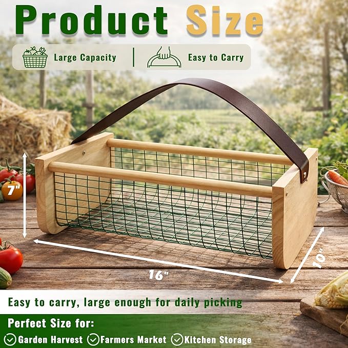 Garden Hod Harvest Basket, 16 x 10 x 7in Gardening Harvest Baskets with Leather Handle, Solid Wood with PVC Wire Mesh, Garden Baskets for Gathering Vegetables