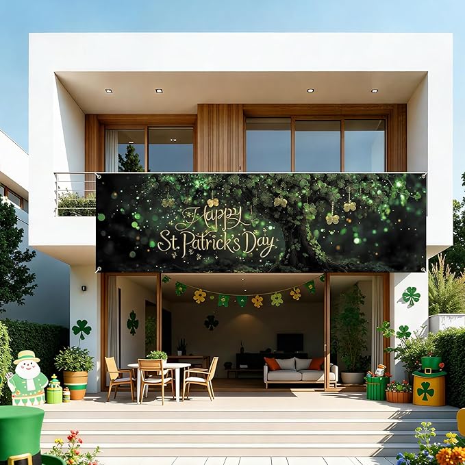Happy St. Patrick’s Day Fence Banner 118 x 35 Inch, Large Waterproof Outdoor Irish Clover Tree Banner with Gold Script for Yard Porch Fence Party Decorations