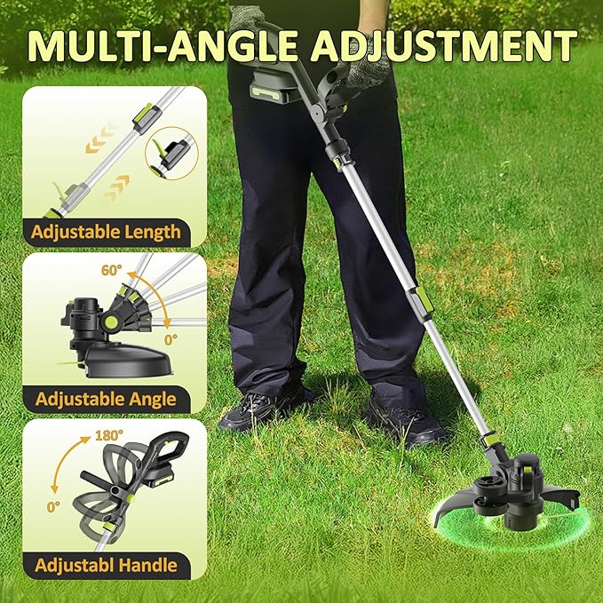20V Cordless String Trimmer, Two 2.0Ah Battery Powered with Fast Charger, 12'' Grass Cutter with Auto Line Feed, 3-in-1 Electric Lawn Mower Grass Trimmer&Edger Lawn Tool with 8 Lines for Yard, Garden