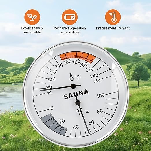 Sauna Thermometer Fahrenheit and Hygrometer 2-in-1 - Precise Indoor Humidity Temperature Monitor Gauge Sauna Accessories, Mechanical Metal Hygrothermograph Meter for Bathroom Steam Infrared Sauna Room