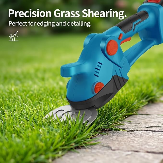 Electric Cordless Hedge Trimmer, 21V Rechargeable Shrub Trimmer Grass Shears, Dual-Blade Handheld Grass Cutter, Hedge Shear with 2 PCS Rechargeable Battery and Charger for Garden/Lawn (Blue)