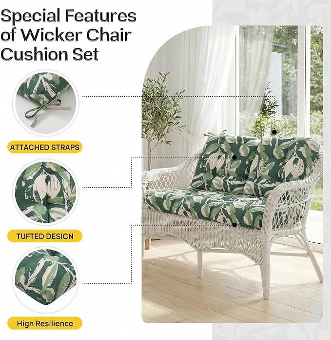 1 MIDDLE ONE Wicker Chair Cushions 3 Pieces Set for Outdoor Furniture, Replacement Patio Wicker Furniture Cushions, 1Pc Loveseat Cushion & 2Pcs Chair Cushions (Green Tulip)