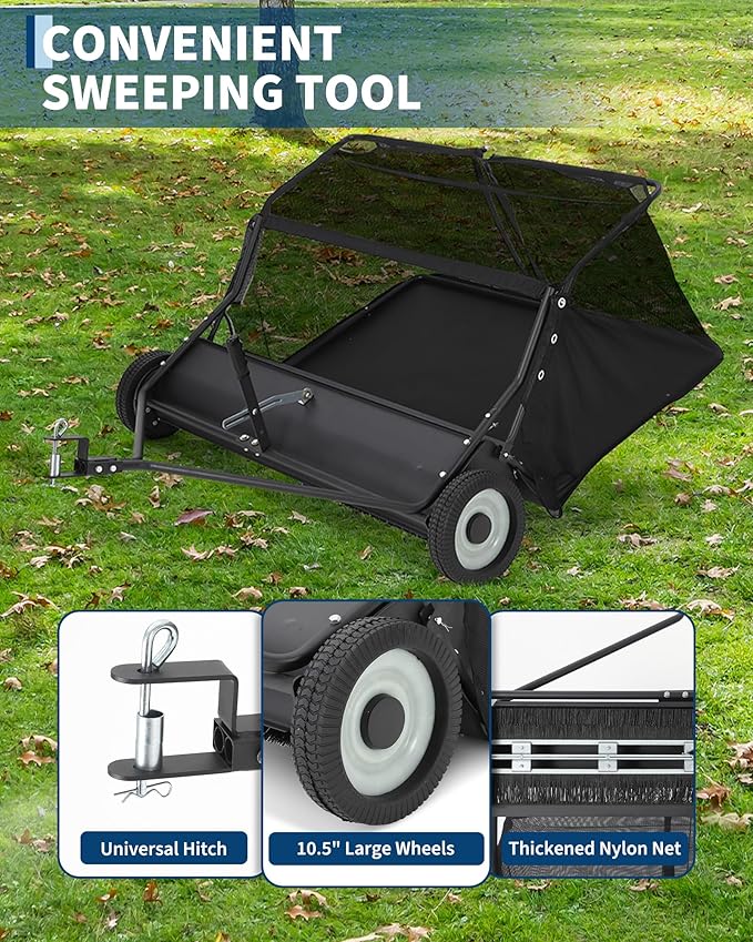 Garvee 48" Lawn Sweeper Tow Behind, Pull Behind Yard Sweeper, 26 Cu. Ft Large Hopper Leaf & Grass Collector, Heavy Duty Garden Sweeper with Adjustable Sweeping Height for Yard, Lawn, Farm