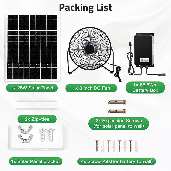 blessny 8" Solar Rechargeable Fan, 25W Solar Powered Floor Fan with 66.6 Wh Battery Backup for Outdoor Greenhouse, Chicken Coop, Pet House Air Circulation Cooling