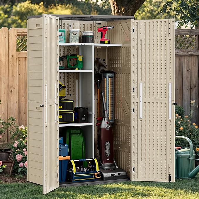 YITAHOME 60 cuft Vertical Outdoor Storage Shed with Shelf, Large Waterproof Storage Cabinet for Garden Shed, Tall Outdoor Storage Shed for Garage, Pool Storage, Resin, Lockable, Khaki & Brown