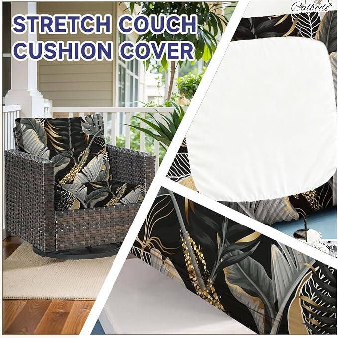 CALBODE 12 Pcs Stretch Outdoor Seat Cushion Covers, Botanical Chair Seat Cover for Patio Furniture Cushions Washable Reusable Indoor and Outdoor Couch Cover Replacement (Black&Gold Leaves, Cover Only)