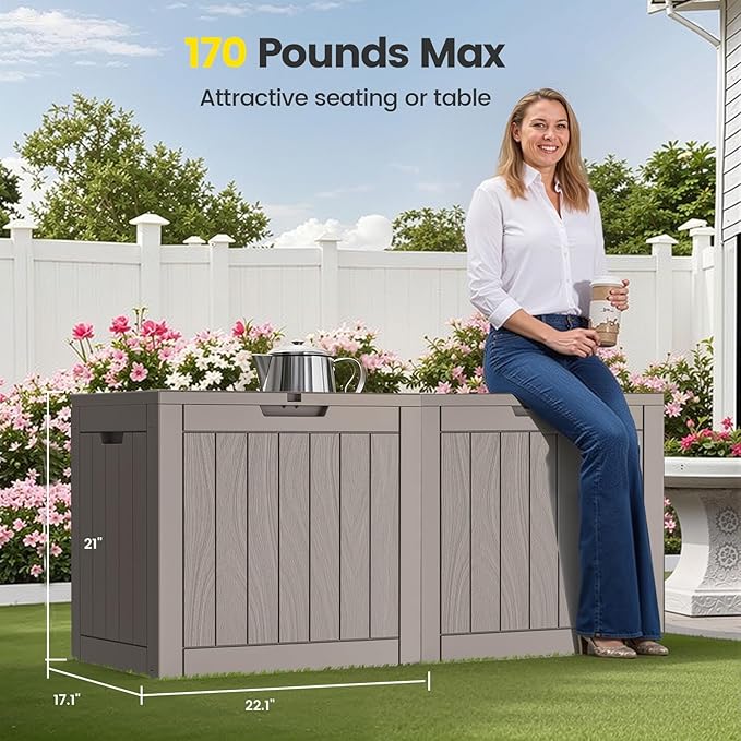 Zapdos 31 Gallon Outdoor Deck Box, Lockable Waterproof Outdoor Storage Boxes For Garden Tools, Indoor Cushions, Accessories Outside Storage Resin Weatherproof Container (Grey)