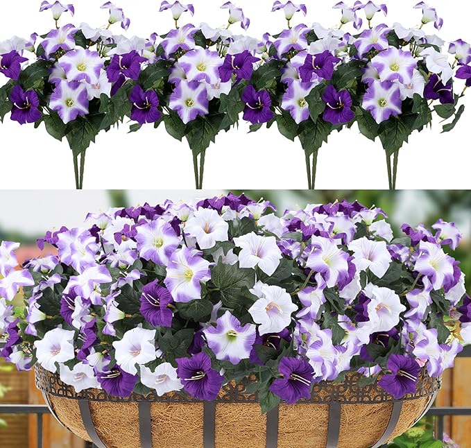Geegoods Artificial Flowers Plants for Outdoors, 8 Bundles UV Resistant Fake Faux Petunias for Outdoor Planters Patio Front Porch Balcony Garden Decor