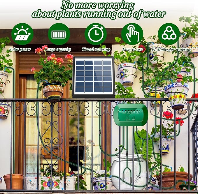 Solar Drip Irrigation System, Automatic Watering Kit for 15 Pots with 49ft Hose, Anti-Siphon Garden Irrigation System for Vacation, Balcony & Greenhouse, 12 Modes Self Watering System, Split
