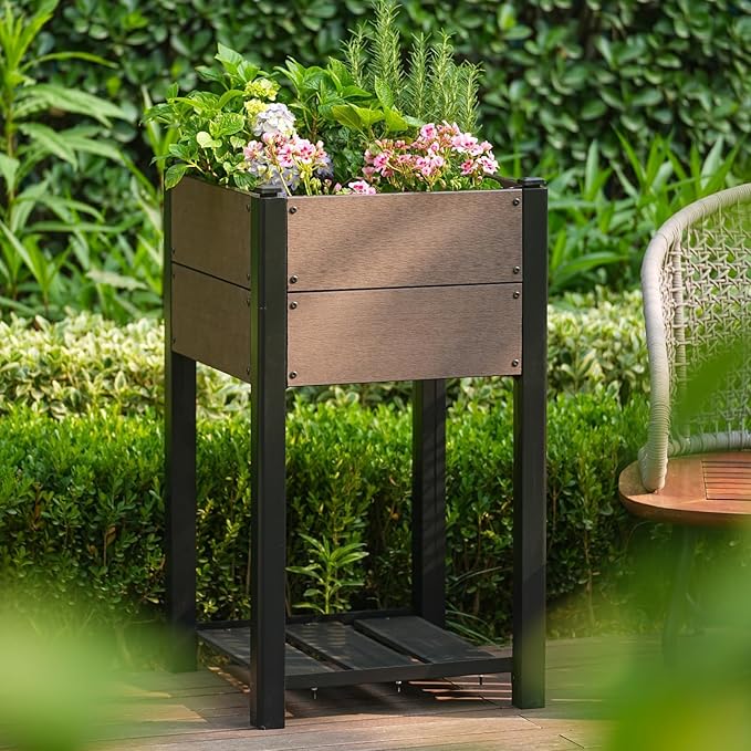 Garden Raised Bed with Shelf, 19*19*33.5in Deep Root Planter Box for Patio, Outdoor Herb with Bottom, Vegetable, and Flower Gardening - Durable Wooden Style Planter Box for Easy Mobility and Clearance